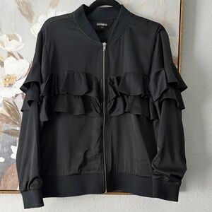 Express Black Ruffle Bomber Jacket